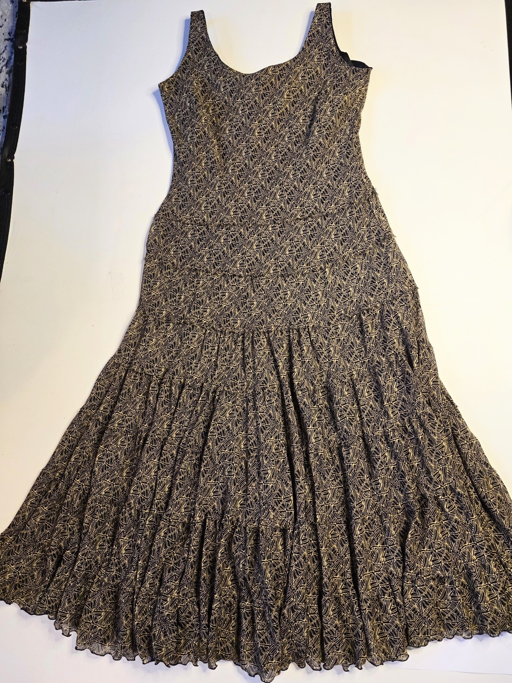 JONES NEW YORK Black and GOLD Patterned Tiered Maxi Dress